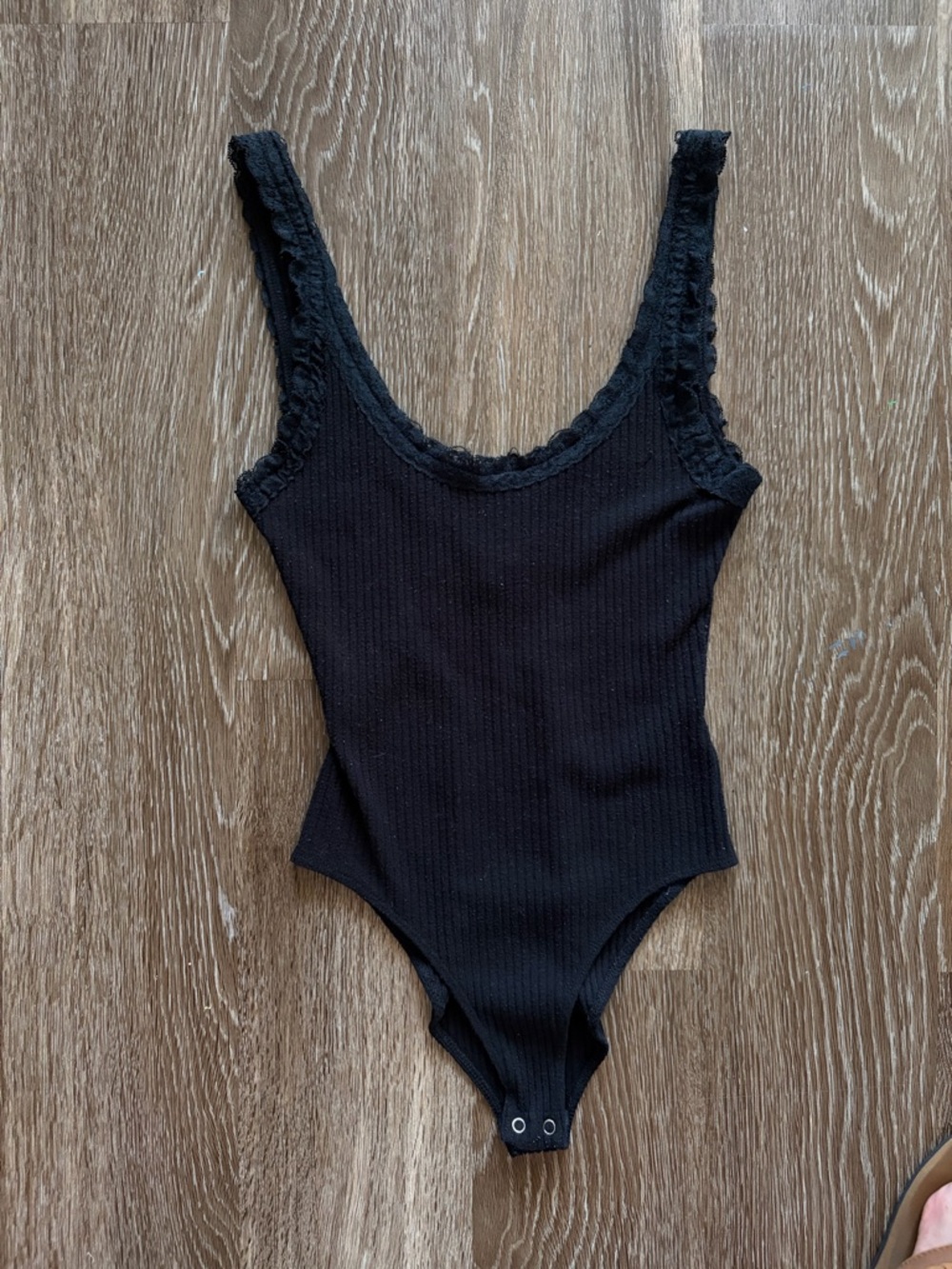 Forever 21 Black Ribbed Lace-Trim Tank Bodysuit